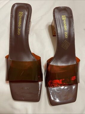 Brown Square-Toe Block Heel Mules with Amber Transparent Strap